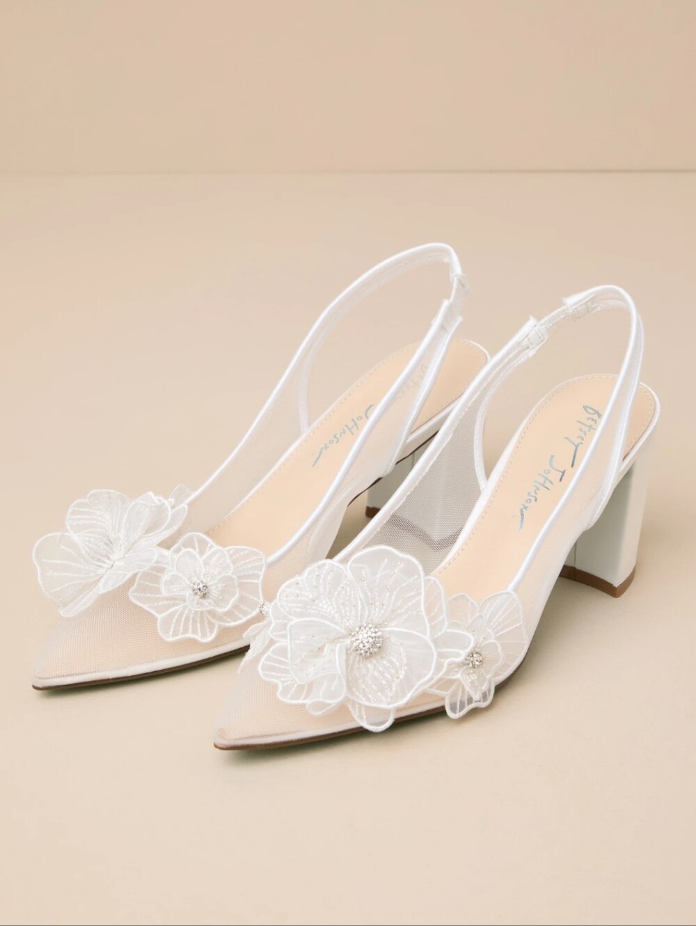 Betsey Johnson Petra ivory mesh floral rhinestone slingback pumps